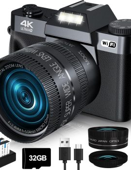 2024 Upgrade VJIANGER Digital Camera for Photography 4K 56MP Vlogging Camera for YouTube with WiFi, 180° Flip Screen, 16X Digital Zoom, 52mm Lens, 2 Batteries, 32GB Micro SD Card(Black)