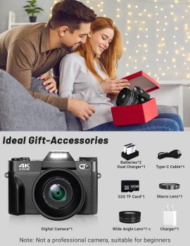 2024 Upgrade VJIANGER Digital Camera for Photography 4K 56MP Vlogging Camera for YouTube with WiFi, 180° Flip Screen, 16X Digital Zoom, 52mm Lens, 2 Batteries, 32GB Micro SD Card(Black)